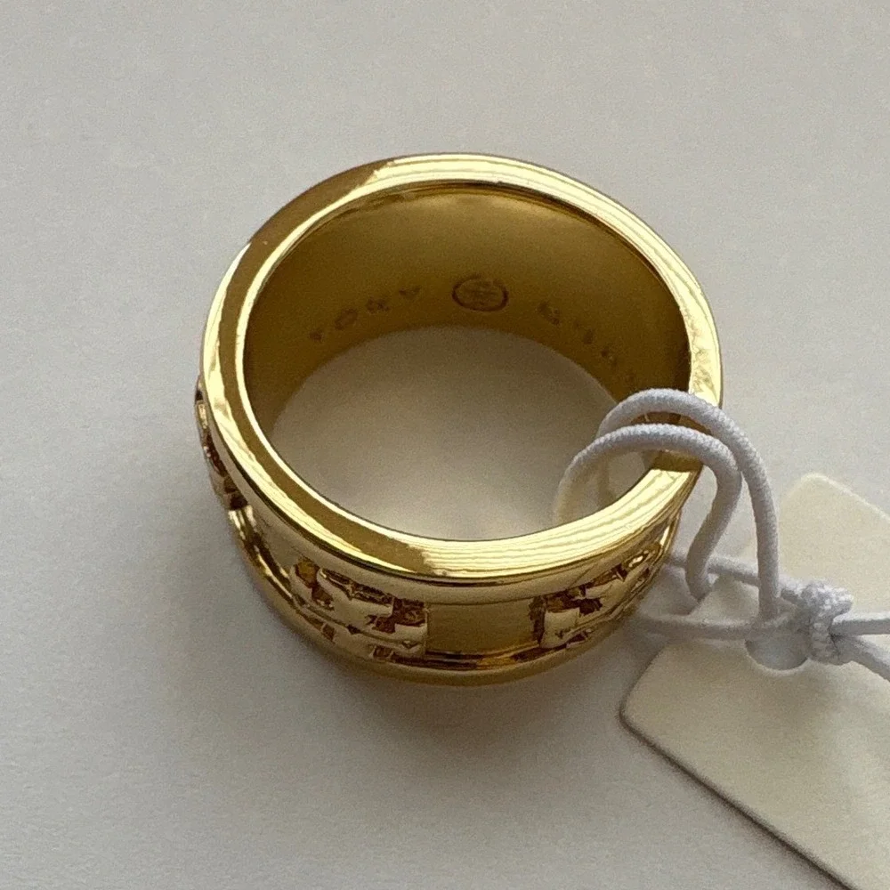 Tory Burch Miller Stud Ring Gold Tone Wide Band Logo Size 7 New